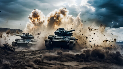 Tank in the Heat of Battle. Army Tank in Action - obrazy, fototapety, plakaty