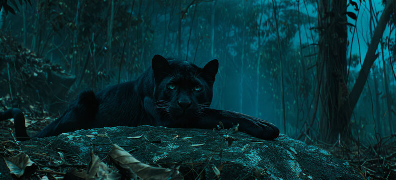  a black cat laying on top of a rock in a forest next to a forest filled with tall grass and trees.