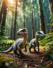 Dino Excursion: Group of Small Dinosaurs Trekking Through Woods