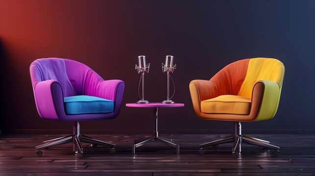 Colorful modern chairs in a minimalist setting with a dark background. Vibrant furniture design, ideal for contemporary interiors. AI