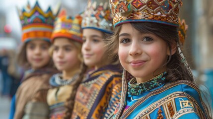 Fototapeta premium Children participating in an Assyrian New Year's procession, wearing crowns and robes reminiscent of ancient Assyrian royalty.