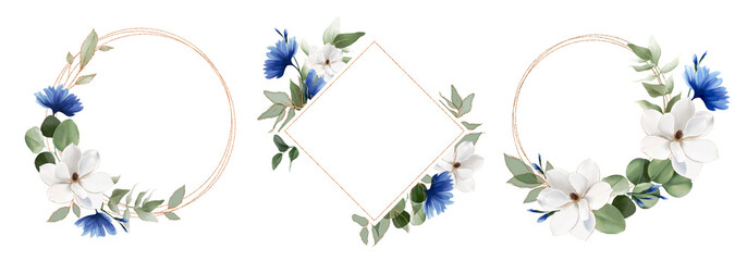 Watercolor floral illustration. Wreath of blue wild flowers, white magnolia, rose, eucalyptus branches, tropical leaves. Geometric gold frame for wedding cards, greeting, wallpaper, design, background
