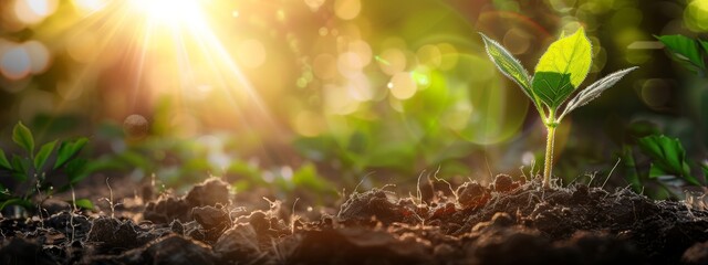 Banner with young plant growing in garden. Seedling are growing in the soil with backdrop of the mourning sunlight. Green world and Earth day concept. Ecology and ecological balance - obrazy, fototapety, plakaty