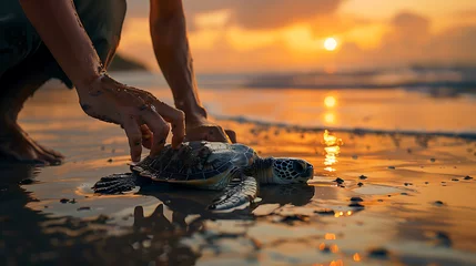Foto op Plexiglas A wildlife biologist tagging and releasing endangered sea turtles [created with generative AI technology] © ZZMC