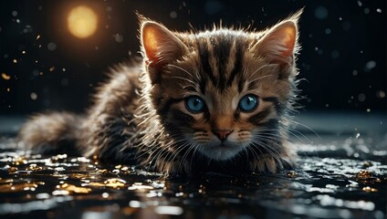 A cat sitting on a street filled with water
