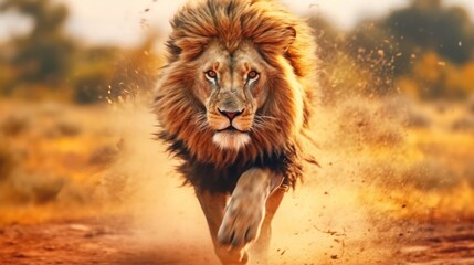 photo lion running with savanna background