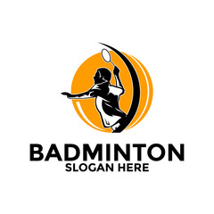 Badminton Silhouette Logo vector, Aggressive Jumping Smash player badminton logo design