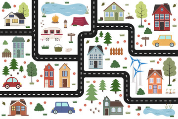 Vector illustration of a children's card. Labyrinth with street, houses, cars, nature