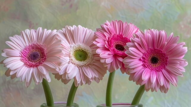  three pink flowers in a glass vase on a window sill with a textured wall in the back ground.