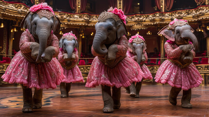 Naklejka premium Ballet with Elephants. Theatrical Delight with Elephants
