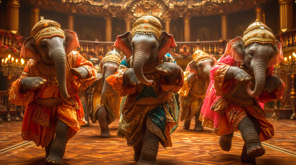 Ballet with Elephants. Theatrical Delight with Elephants - obrazy, fototapety, plakaty