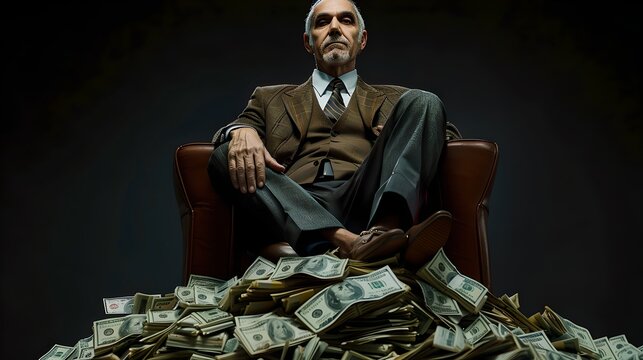 Serious Businessman Seated on a Pile of Money, Exuding Power and Success, Dressed in a Suit in a Dark Setting. Ideal for Financial Themes. AI