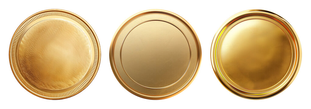 Set of realistic blank golden coins or medals isolated on white, empty metallic token template