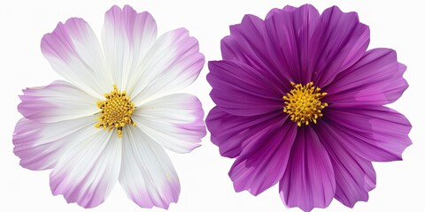 Two delicate flowers white and purple on a white background