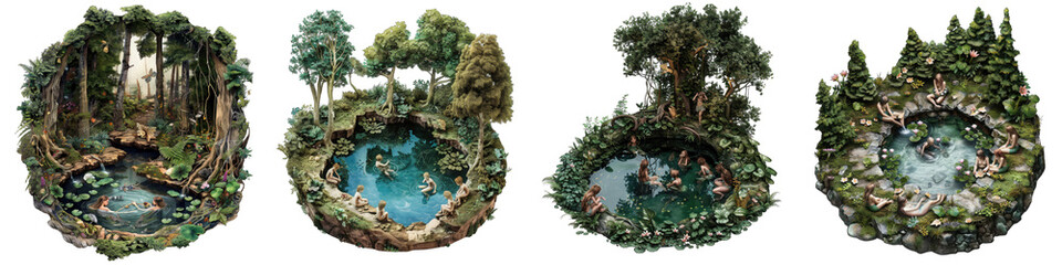 Obraz na płótnie Canvas Forest nymphs bathing in a woodland pond Hyperrealistic Highly Detailed Isolated On Transparent Background Png File