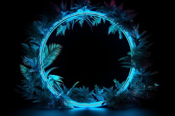 Azure neon frame with leaves on black background, in the style of circular shapes, tropical landscapes