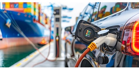 Fototapeta premium Charging Beside a Busy Harbor, Symbolizing the Intersection of Modern Technology and Global Maritime Commerce, Generative AI