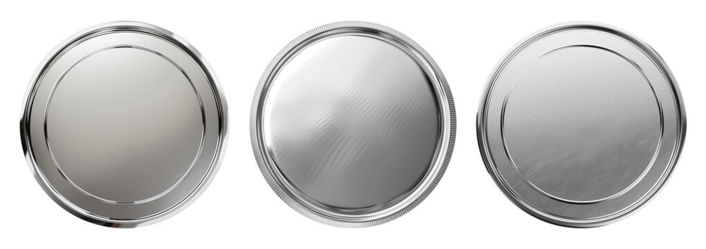 Set of realistic blank silver coins or medals isolated on white, empty metallic token template