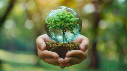 Ecology and environment concept : Close up of human hand holding glass globe with tree in the forest