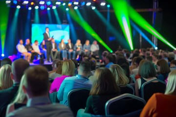 A speaker delivers a presentation to a room full of attentive audience members at a professional conference event.