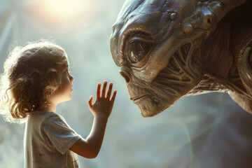 Children waving and greeting a massive alien.

 - obrazy, fototapety, plakaty