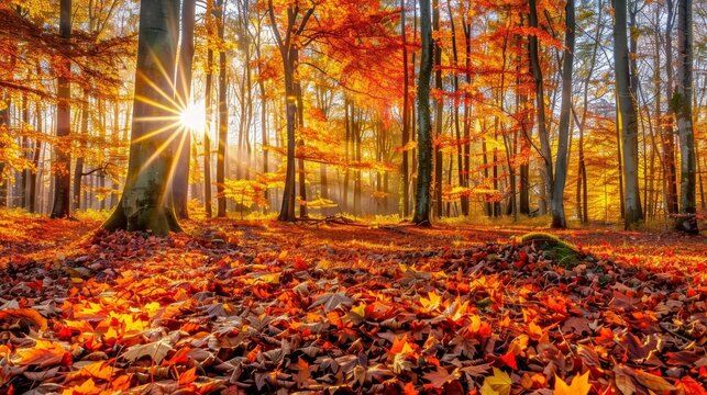 Rays of the sun burst through the golden foliage of an autumn forest, illuminating the rich tapestry of leaves on the ground..