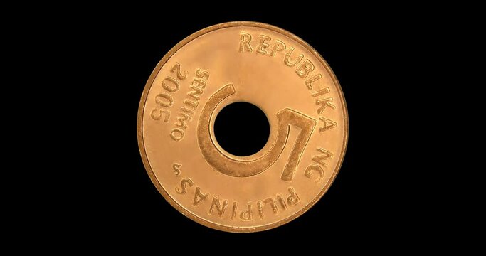 Reverse of Philippines coin 5 sentimo 2005, isolated in black background. Loopable animation in 4k resolution video.