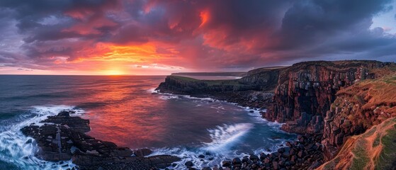 A dramatic sunset sky unfurls over sheer sea cliffs, casting a fiery glow over the ocean's rhythmic waves.. - obrazy, fototapety, plakaty