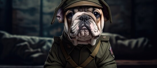 A bulldog, a breed known for its wrinkled snout, is seen wearing a military uniform and hat, sitting on a bench looking bored. Bulldogs are carnivorous companion dogs in the sporting group - obrazy, fototapety, plakaty