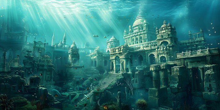 Exploring the Underwater City: A Stunning Aerial View of Towering Ruins, Vibrant Sea Life, and Timeless Beauty. Concept Underwater City, Aerial View, Towering Ruins, Vibrant Sea Life, Timeless Beauty