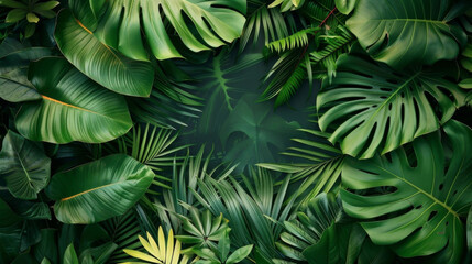  palm leaves background frame, empty copy space in the middle  - obrazy, fototapety, plakaty
