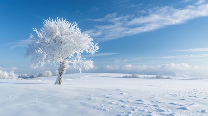 A frost-kissed tree stands resilient in the winter's embrace, its silhouette a stark contrast to the surrounding snow blanket..