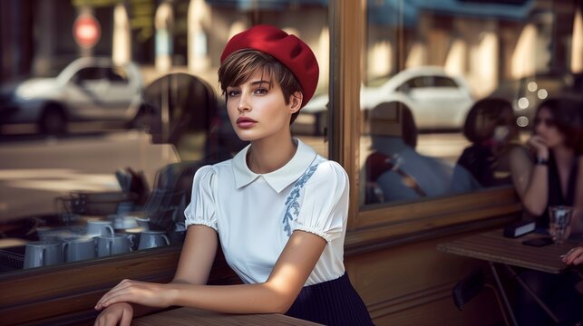Portrait young woman wearing a red beret and embroidered blouse, outside a busy Parisienne cafe.