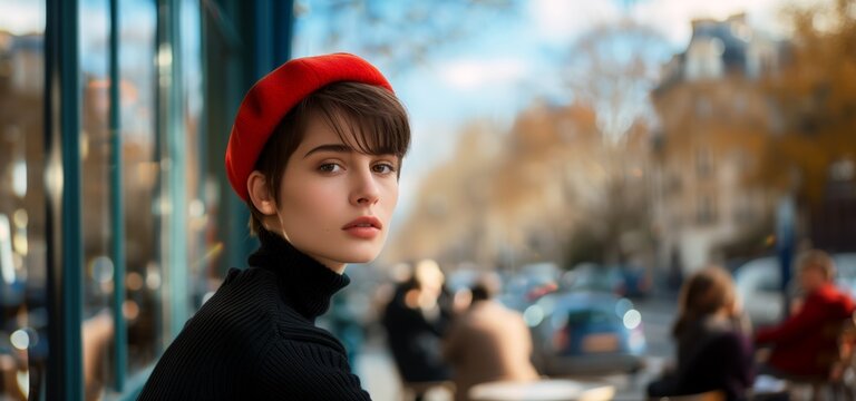 Portrait young woman wearing a red beret and black turtleneck jumper, outside a busy Parisienne cafe.