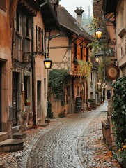 A sunlit cobblestone walkway flanked by historic houses and blooming flowers, inviting a leisurely stroll through cultural richness..