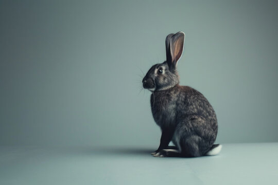 A purebred rabbit poses for a portrait in a studio with a solid color background during a pet photoshoot.


