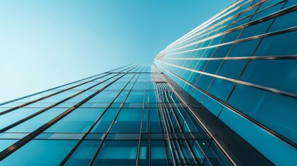 Fototapeta na wymiar Upward view of a modern skyscraper's geometric glass facade, reflecting the clear sky and the sun's radiant energy..