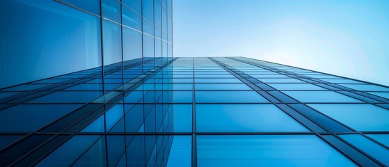 Fototapeta na wymiar A symmetrical perspective of a glass skyscraper reaching towards a pristine blue sky, epitomizing urban architectural elegance..