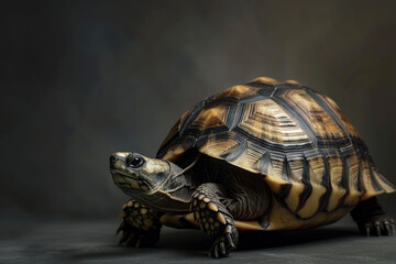 Obraz premium A purebred turtle poses for a portrait in a studio with a solid color background during a pet photoshoot.