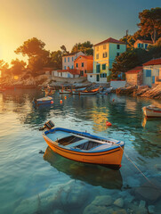 A tranquil coastal scene captures moored boats on calm waters with the sun setting behind a quaint village, exuding warmth and peace.. - obrazy, fototapety, plakaty