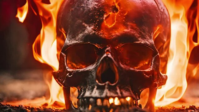 burning skull on dark background