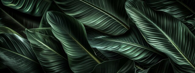 Closeup tropical forest plant. Floral botanical abstract background with dark green leaves texture. Exotic nature, rainforest. Houseplants and urban jungle concept