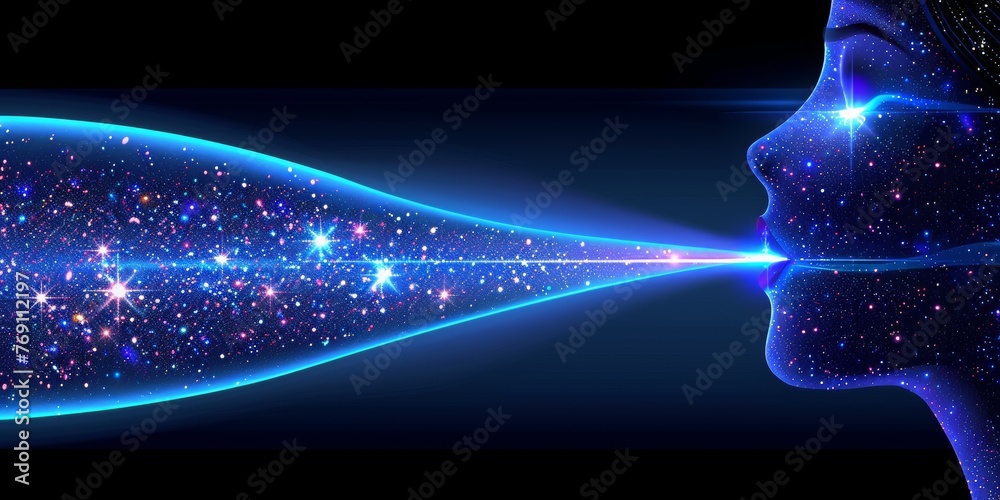 Poster a womans profile against a backdrop of starry night, symbolizing the infinite reach of the universe 