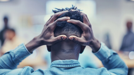 Office Stress
Close-up of an African American man in an office setting, visibly distressed with hands on head, portraying stress and anxiety amidst work pressure.