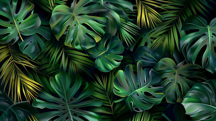 Fototapeta na wymiar Group background of dark green tropical leaves ( monstera, palm, coconut leaf, fern, palm leaf,bananaleaf) Panorama background. concept of nature