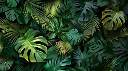 Group background of dark green tropical leaves ( monstera, palm, coconut leaf, fern, palm leaf,bananaleaf) Panorama background. concept of nature