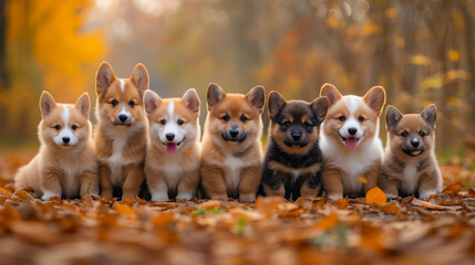 A Group of Cute Puppies.  A Small Canine Family - obrazy, fototapety, plakaty