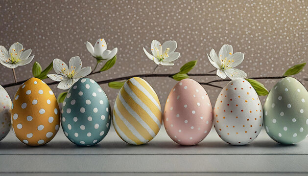 Alguns ovos de páscoa coloridos, enfileirados, com um galho de flores pra decorar.