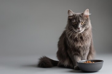 Gray cat beside food bowl