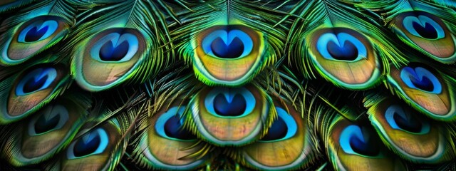 Obraz premium Beautiful closeup peacock green and blue luminous feathers pattern. Macro texture of colorful fluffy plumage from tropical bird. Minimal natural fashion concept